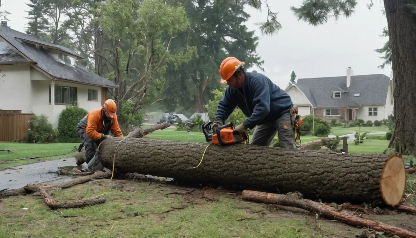 Provider crew safely cutting a storm-fallen tree in a residential yard in Gary