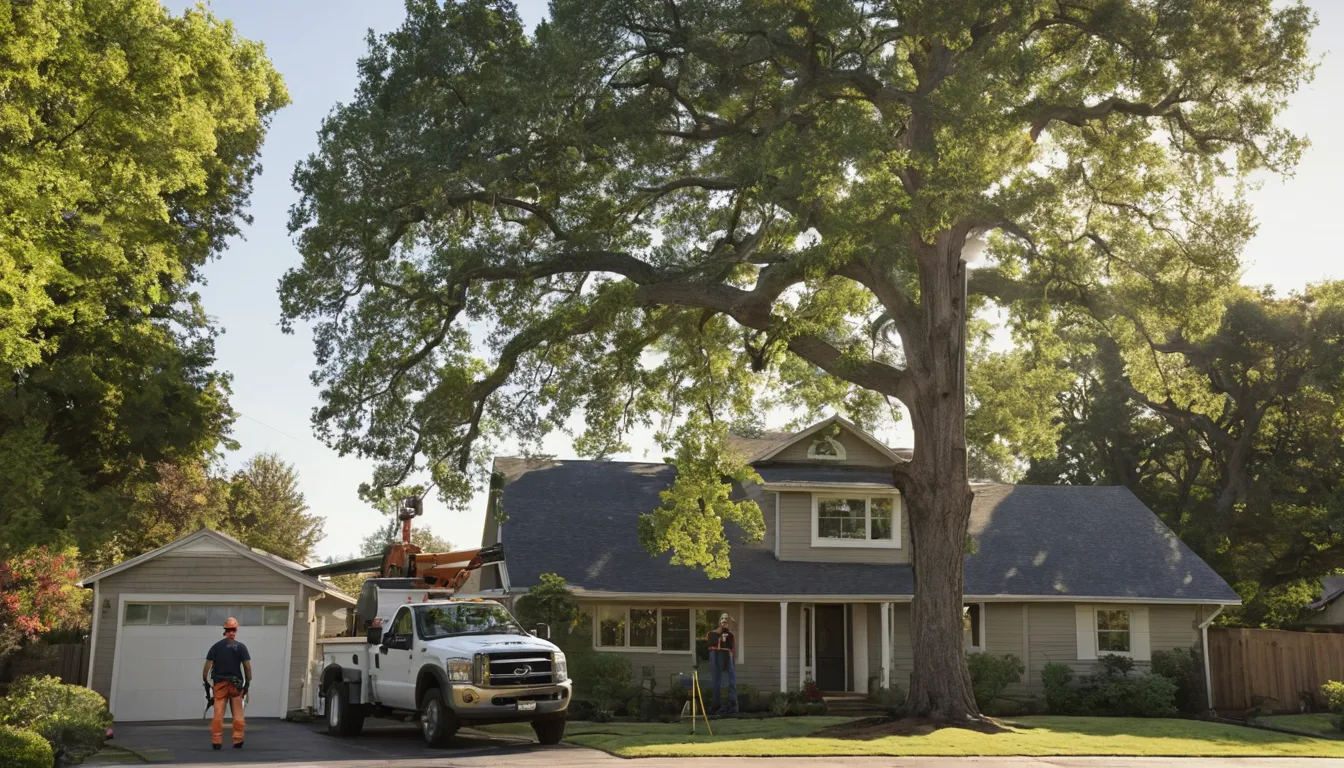 A tall tree beside a frame house in Gary being assessed by a local tree provider